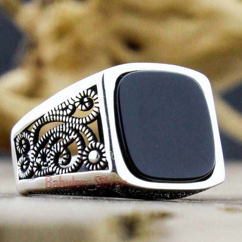 Babylon Silver Solid 925 Sterling Silver Onyx Stone Turkish Handmade Luxury Men's Ring (8) - Image 2
